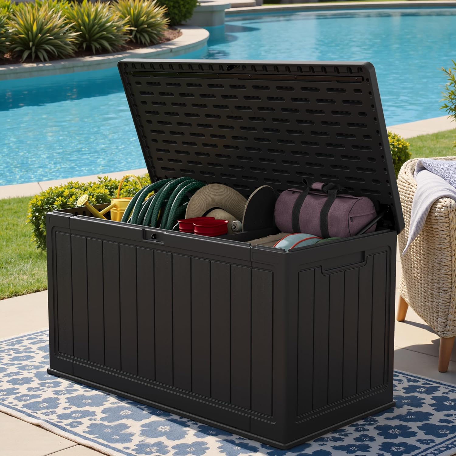 Greesum 31 Gallon Resin Deck Box Large Outdoor Storage for Patio Furniture, Garden Tools, Pool Supplies, Weatherproof and UV Resistant, Lockable, Dark Black