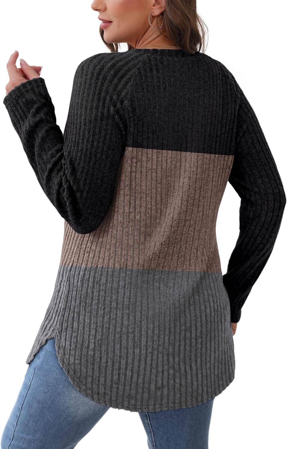 Saloogoe Long Sleeve Shirts for Women 2025 Fall Clothes Tunic Tops Loose Fit Dressy Crewneck Pullover Sweaters Curved Hem