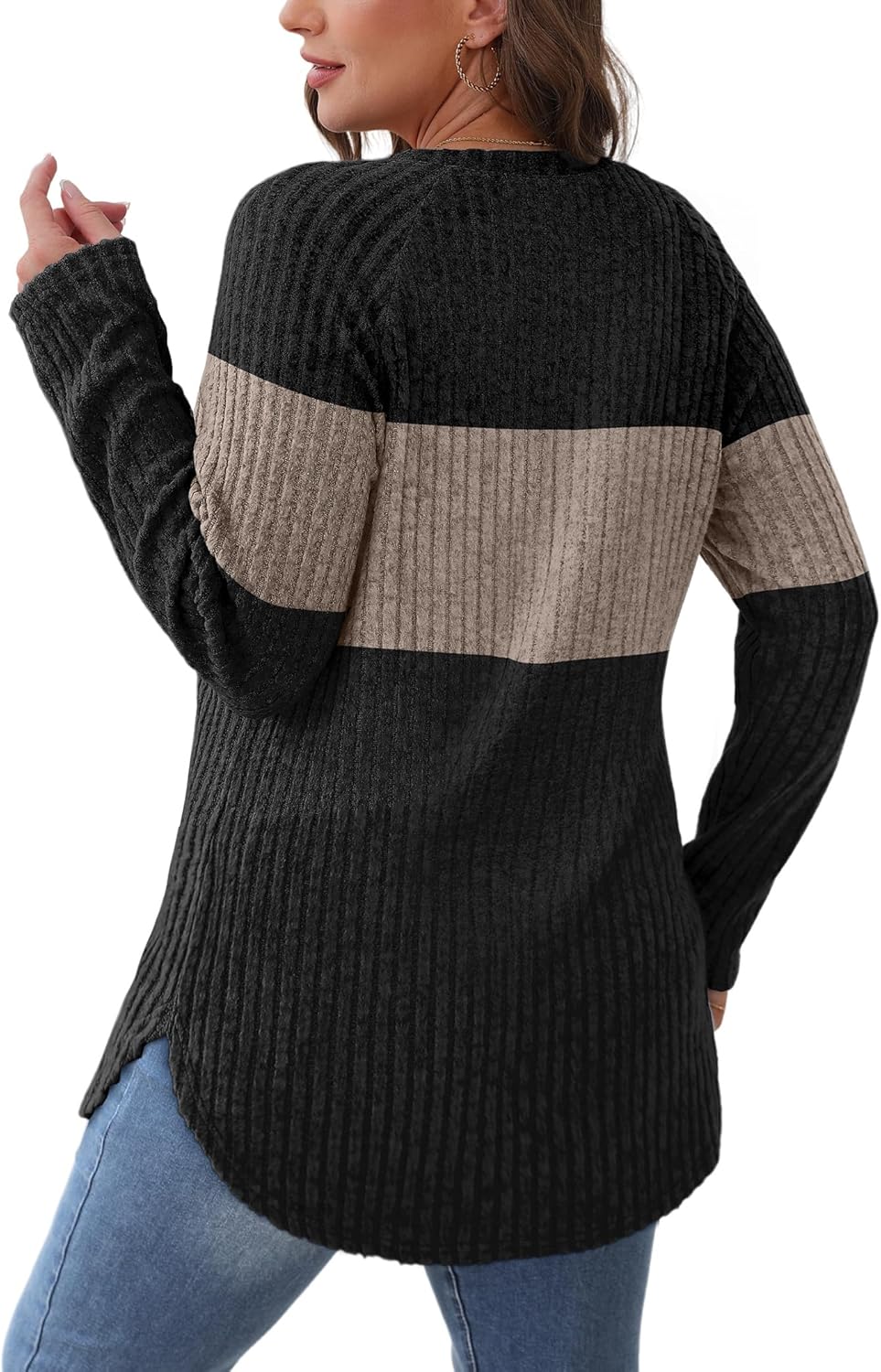 Saloogoe Long Sleeve Shirts for Women 2025 Fall Clothes Tunic Tops Loose Fit Dressy Crewneck Pullover Sweaters Curved Hem