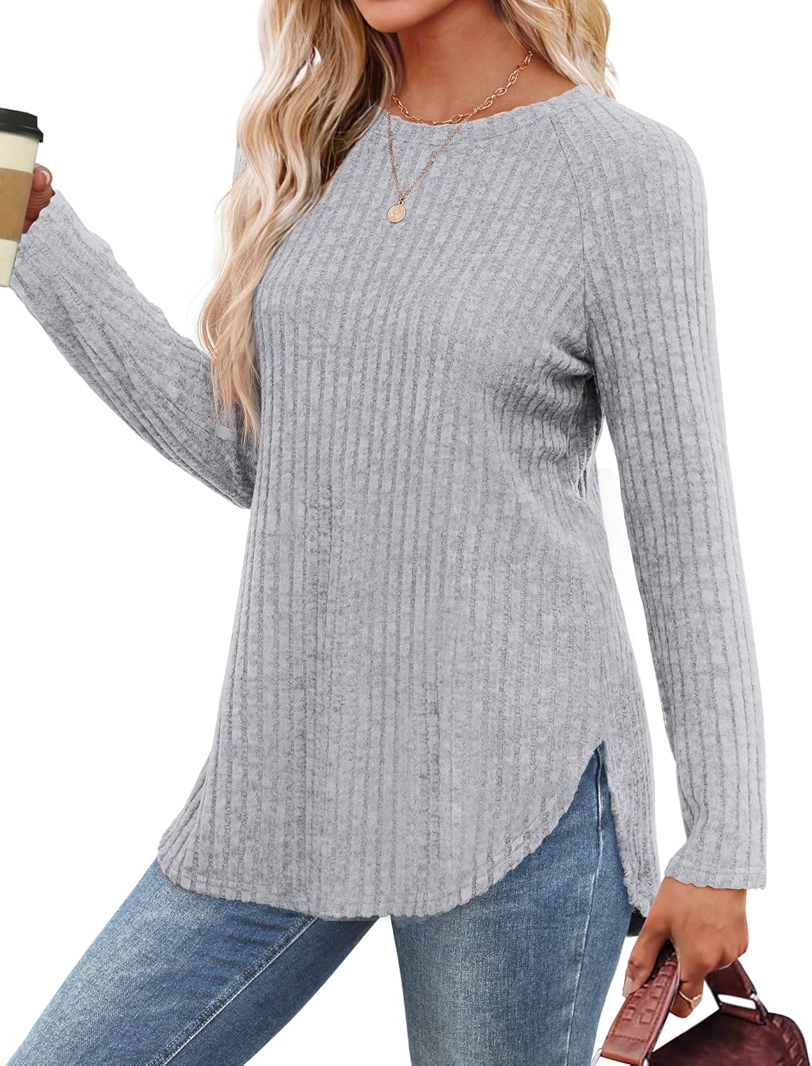 Saloogoe Long Sleeve Shirts for Women 2025 Fall Clothes Tunic Tops Loose Fit Dressy Crewneck Pullover Sweaters Curved Hem