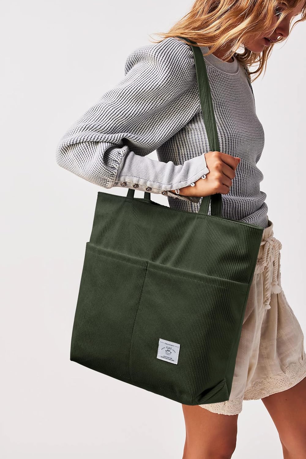 KALIDI Women Corduroy Tote Bag Zipper Casual Tote's Handbag Big Capacity Shoulder Bag with Pockets