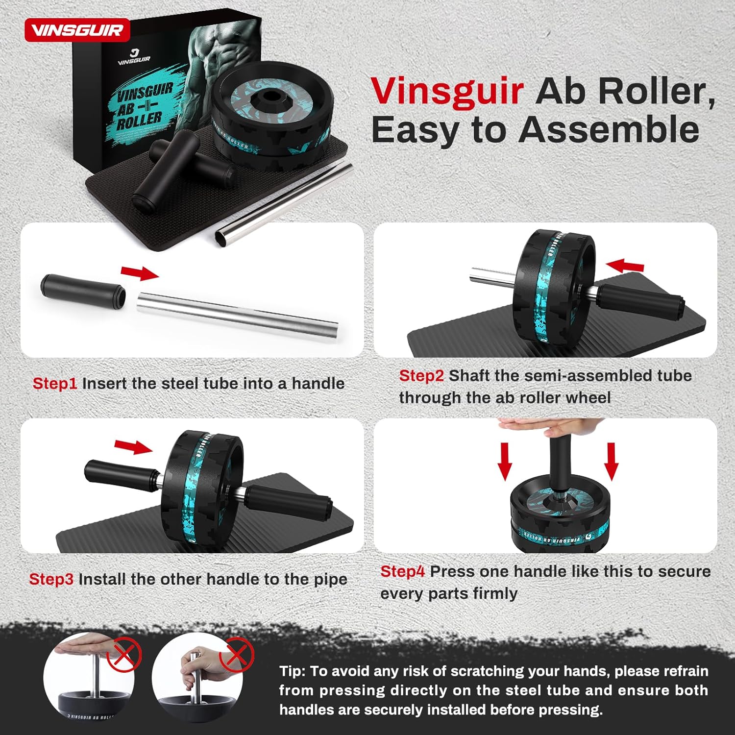 VINSGUIR Ab Roller Wheel, Abs & Core Workout Equipment for Home Gym with Knee Pad Accessories, Abdominal Wheel for Full-body Strength Training