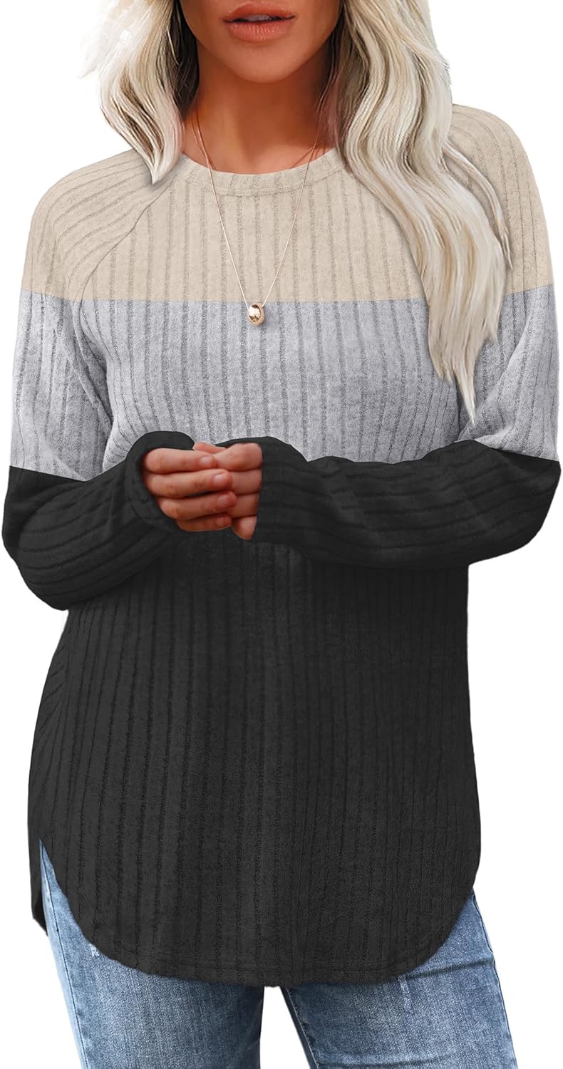 Saloogoe Long Sleeve Shirts for Women 2025 Fall Clothes Tunic Tops Loose Fit Dressy Crewneck Pullover Sweaters Curved Hem