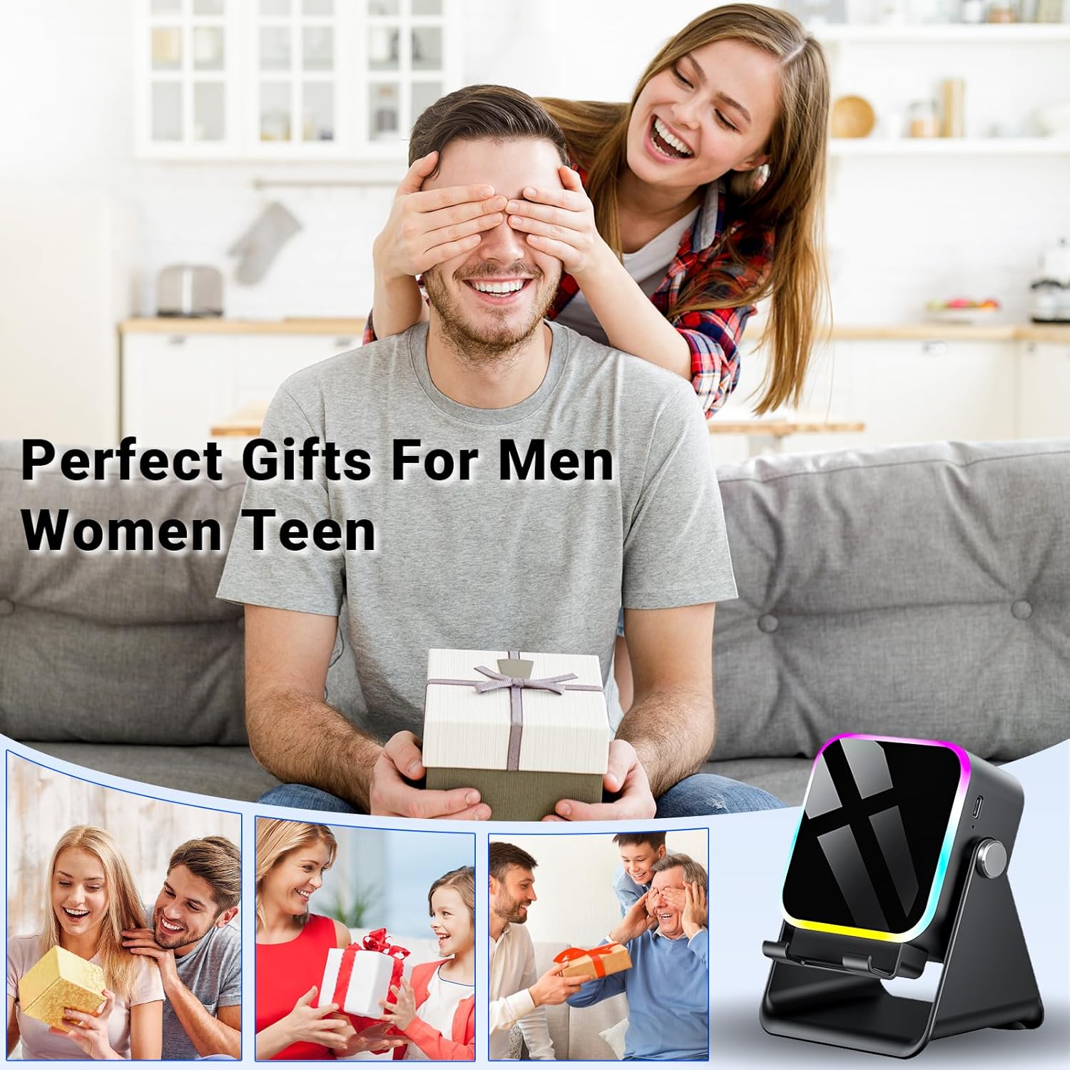 Induction Speaker with Phone Stand 5 in 1 Wireless Induction Bluetooth Audio for iPhone Android Phone Speakers Amplifier with Rechargeable Colorful Light, Birthday Gifts for Men Women Teens (Black)