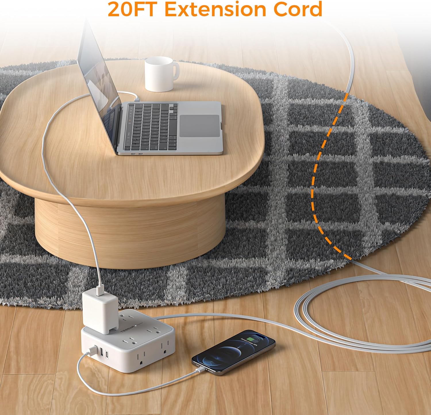 TESSAN Surge Protector Power Strip, 5 Ft Flat Plug Extension Cord with 3 USB (1 USB C) 8 Outlets, 900J Surge Protection, 3 Sided Outlet Extender with Power Switch for Office, Dorm Room Essentials