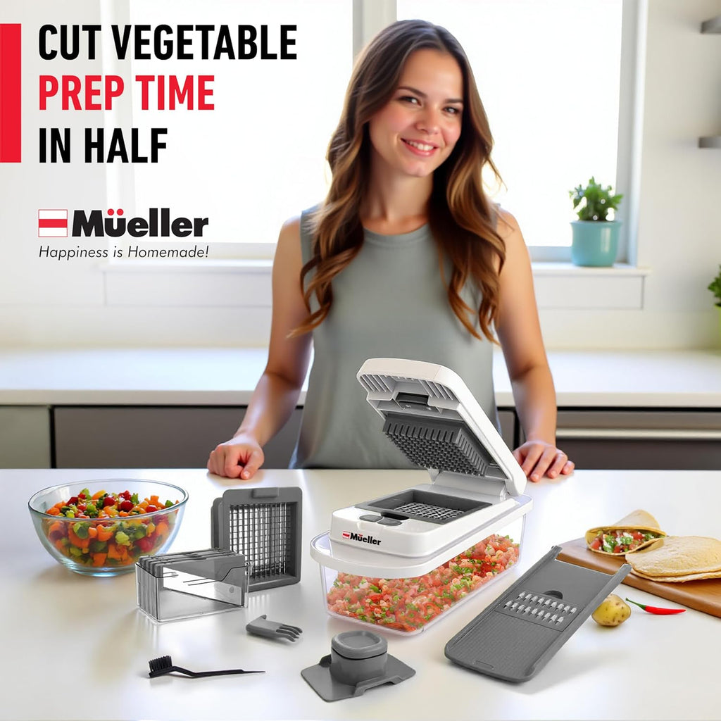 Mueller Pro-Series All-in-One, 12 Blade Mandoline Slicer for Kitchen, Food Chopper, Vegetable Slicer and Spiralizer, Cutter, Dicer, Grater, Kitchen Gadgets Sets with Container, White Sand/Gray