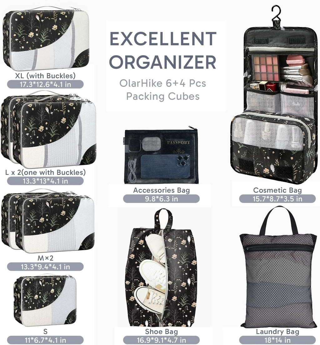 10 Set/8 Set Packing Cubes for Travel, Gifts for Women Mom,Anti-Tearing Suitcase Organizer for Luggage with Shoe & Hanging Toiletry Bag,OlarHike Vacation Essentials & Accessories for Cruise Ship,Cream