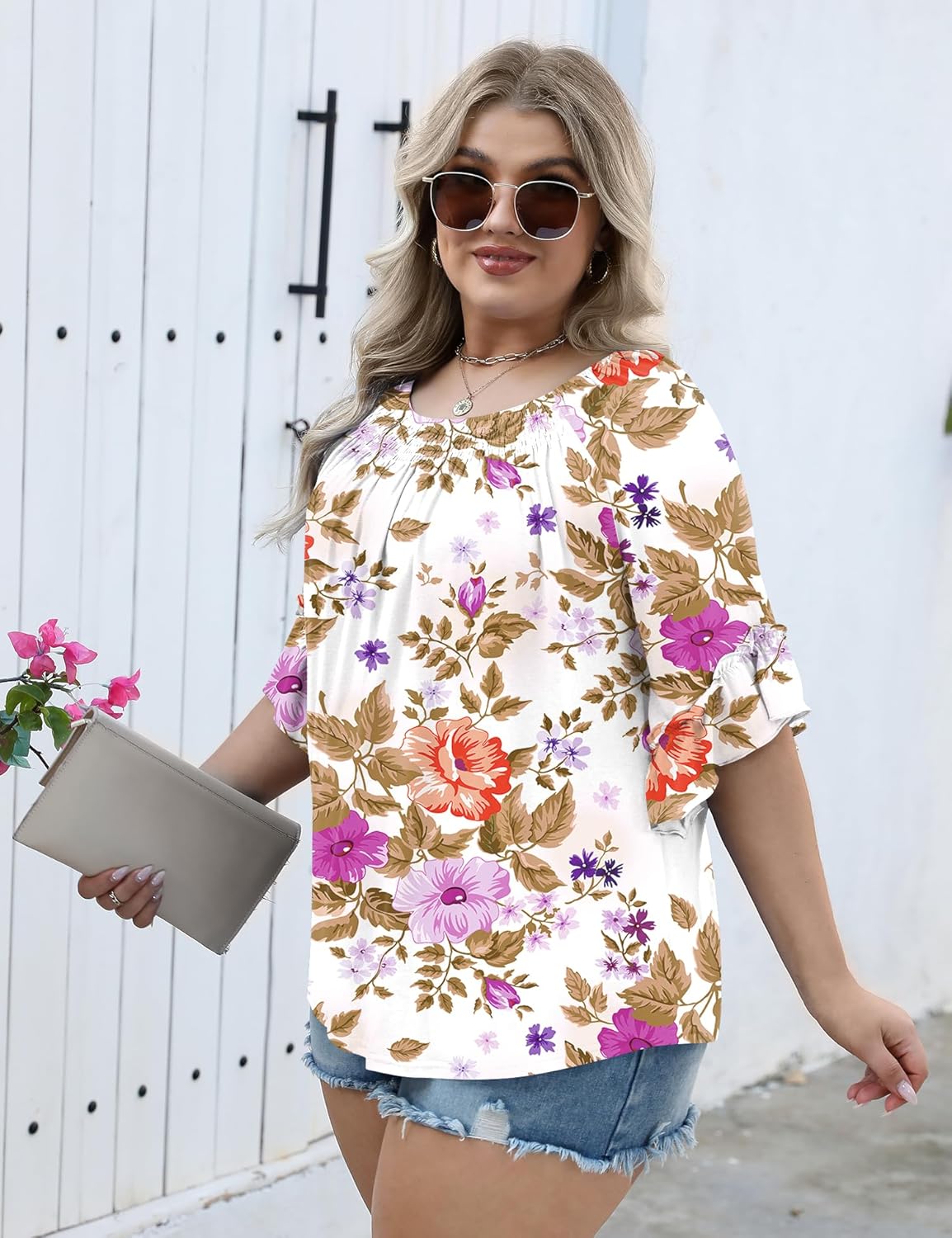 Micoson Womens Plus Size Tops 3/4 Ruffle Sleeve Shirts Crewneck Pleated Blouses Dressy Casual Fashion Tunic Top (1X-5X)