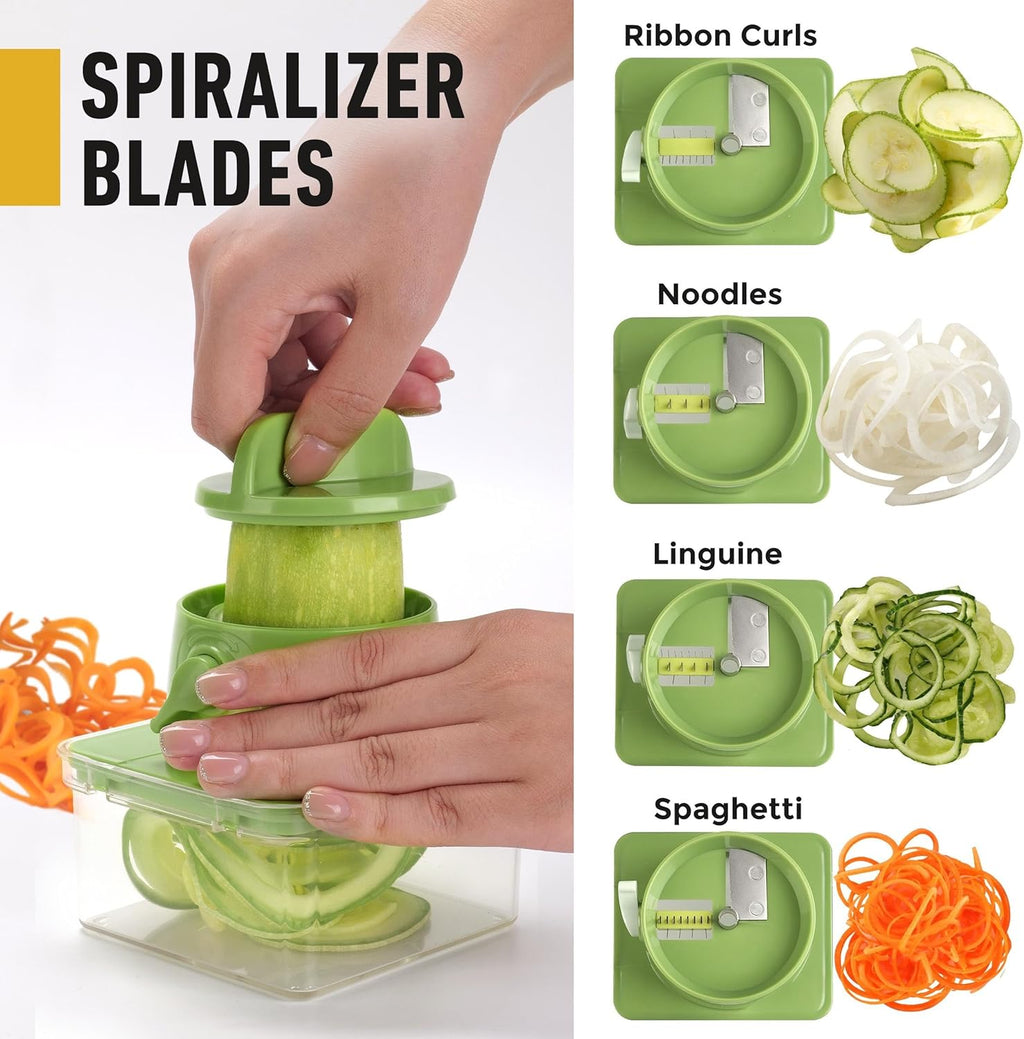 Mueller Pro-Series All-in-One, 12 Blade Mandoline Slicer for Kitchen, Food Chopper, Vegetable Slicer and Spiralizer, Cutter, Dicer, Grater, Kitchen Gadgets Sets with Container, White Sand/Gray