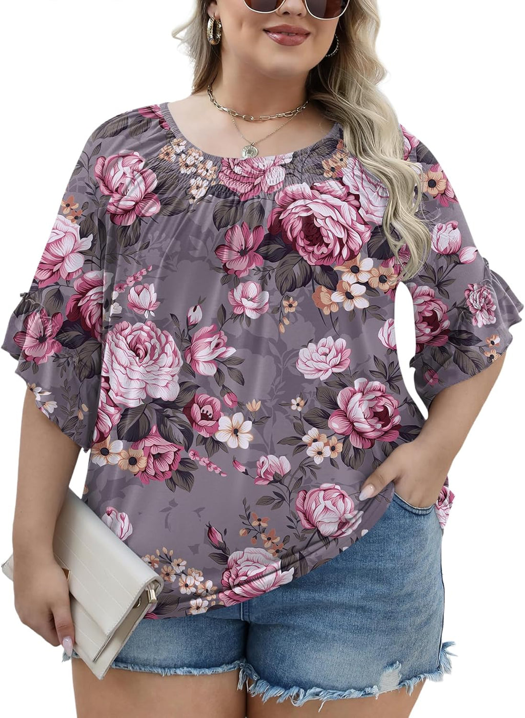 Micoson Womens Plus Size Tops 3/4 Ruffle Sleeve Shirts Crewneck Pleated Blouses Dressy Casual Fashion Tunic Top (1X-5X)