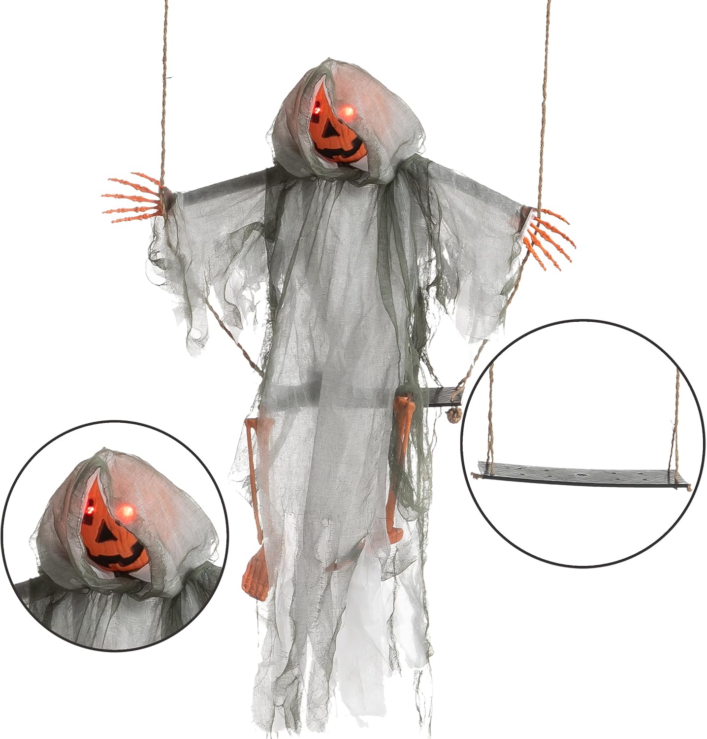 JOYIN 2 Pcs Halloween Hanging Swinging Ghosts Decorations Outdoor, Halloween Scary Decor with Lighted Up Eyes, Creepy Swinging Skeleton Flying Props for Yard Patio Lawn Garden