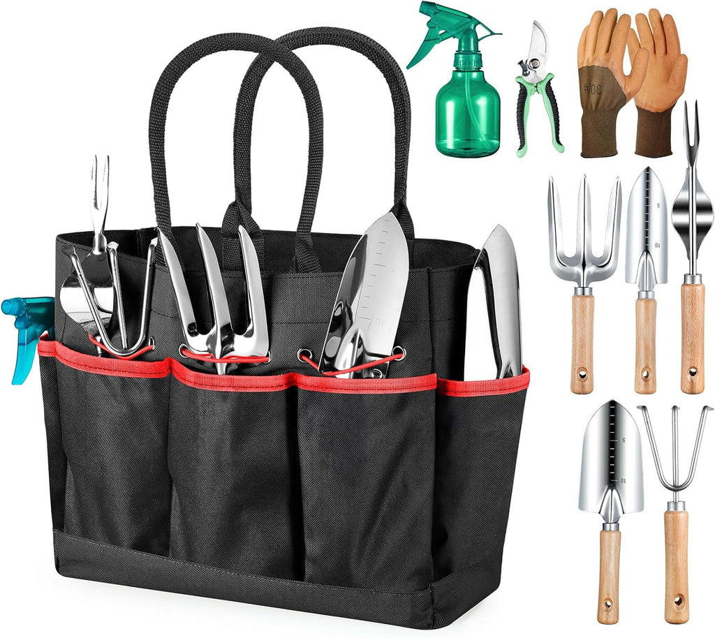 Gardening Tools 9-Piece Heavy Duty Garden Hand Tools with Fashion and Durable Garden Tools Organizer Handbag, Rust-Proof Garden Tool Set, Ideal Gardening Gifts for Women