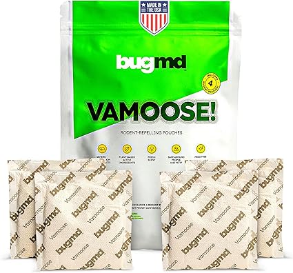 BugMD Vamoose Rodent Repellent Pouches (1 Pack, 4 Pouches) Plant-Powered Rat Repellent, Mouse Deterrent, Indoor & Outdoor Mice Repellent, Best Mouse Repellent, Natural Rat & Mouse Repellent