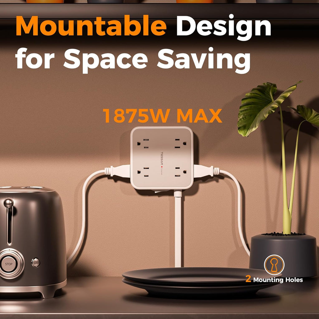 TESSAN Surge Protector Power Strip, 5 Ft Flat Plug Extension Cord with 3 USB (1 USB C) 8 Outlets, 900J Surge Protection, 3 Sided Outlet Extender with Power Switch for Office, Dorm Room Essentials