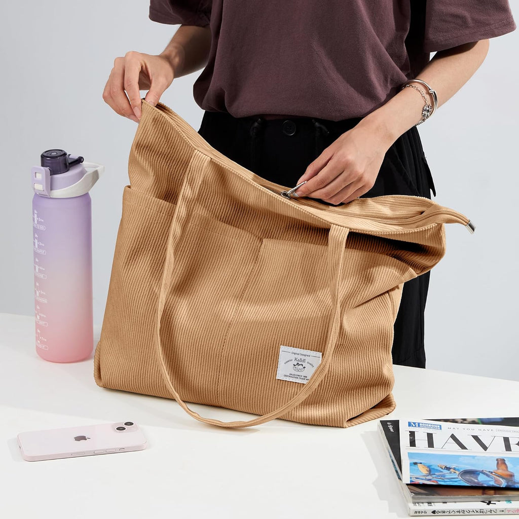 KALIDI Women Corduroy Tote Bag Zipper Casual Tote's Handbag Big Capacity Shoulder Bag with Pockets