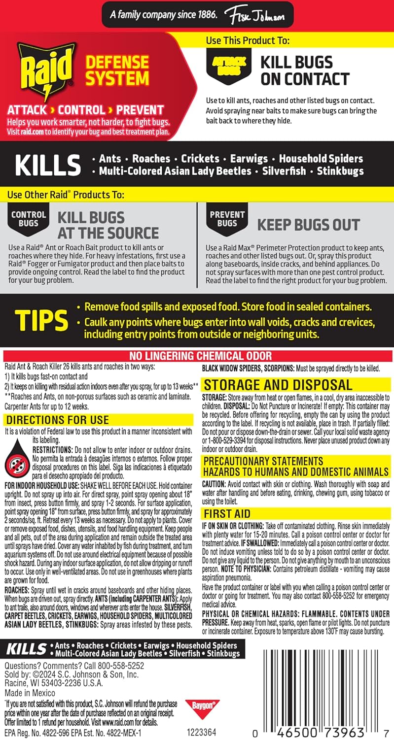 Raid Ant & Roach Killer Spray For Listed Bugs, Keeps Killing for Weeks, Fresh Scent, 17.5 oz