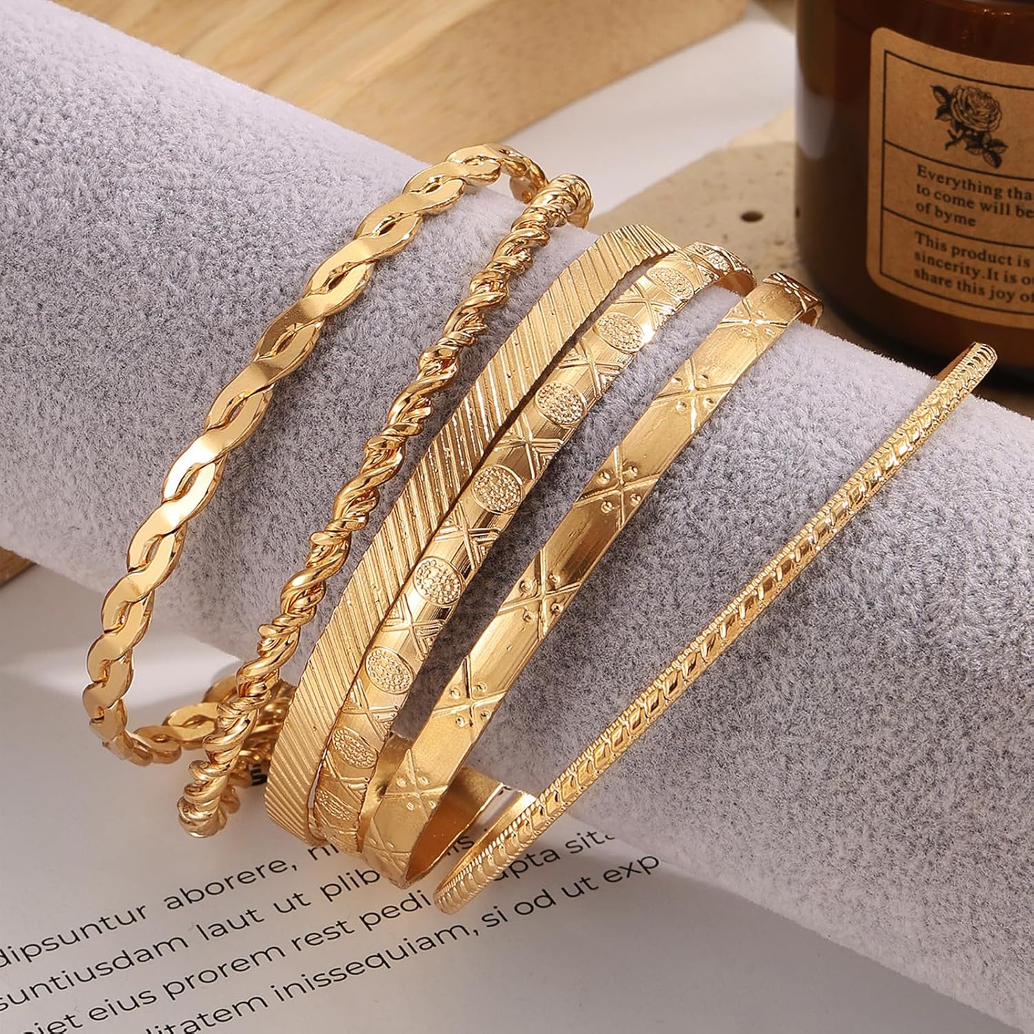 IFKM Gold Bangle Bracelets For Women, 14k Gold Plated Multi Layer Stackable Cuff Bracelet Set, Trendy Elegance Charms Non Tarnish Minimalist Textured Boho Jewelry Gift for Women