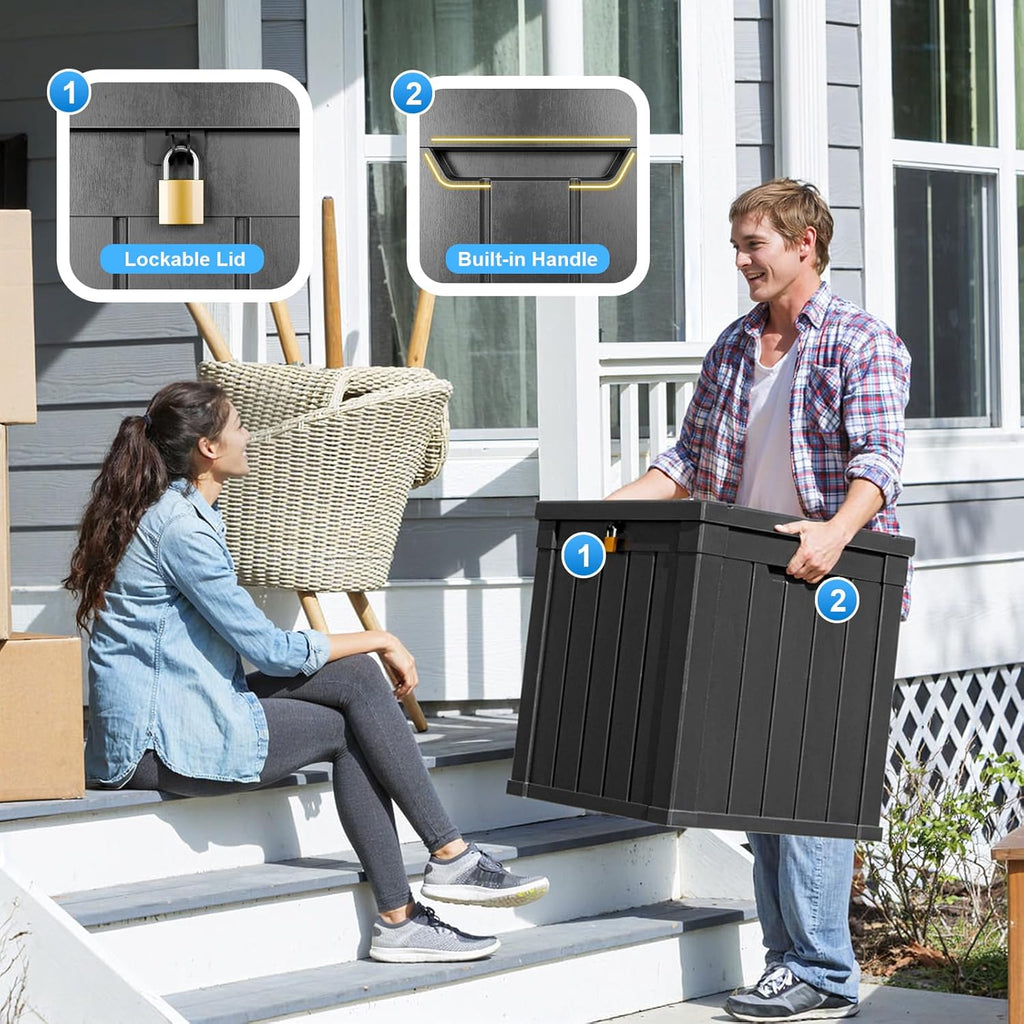 80 Gallon Resin Deck Box, Lockable Patio Outdoor Storage Box for Furniture, Garden Tools and Tools Storage, Waterproof Outside Storage Box - Black