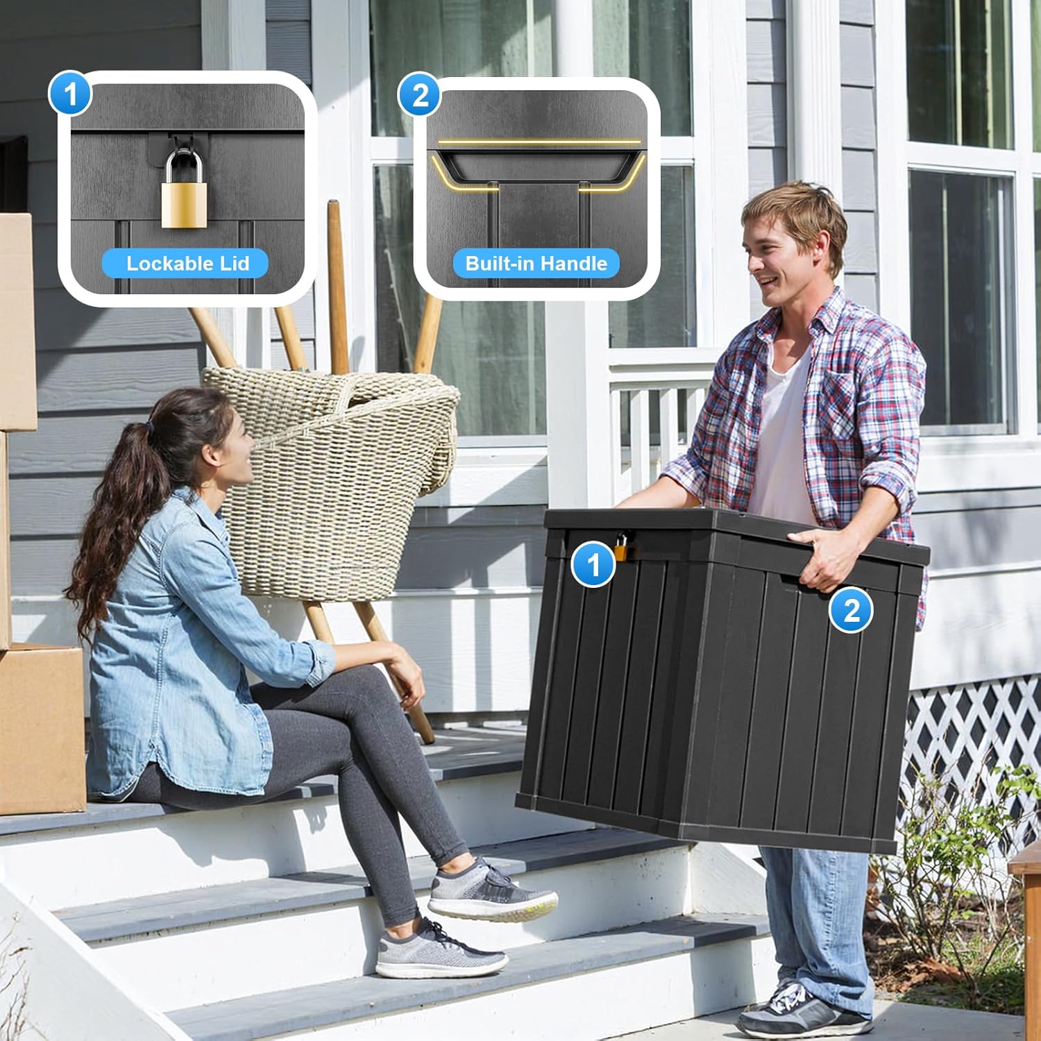 80 Gallon Resin Deck Box, Lockable Patio Outdoor Storage Box for Furniture, Garden Tools and Tools Storage, Waterproof Outside Storage Box - Black