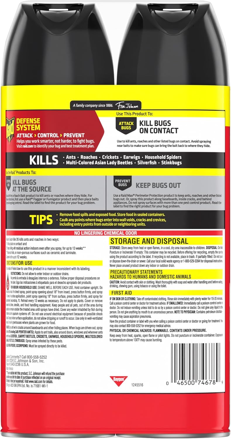 Raid Ant & Roach Killer 26, Fragrance Free Bug Killer for Home Use, Kills Bugs on Contact, 17.5 Oz, 2 Count