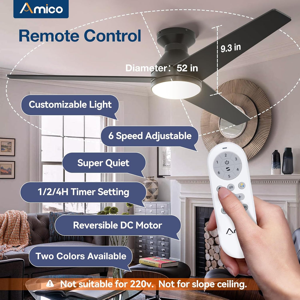Amico Ceiling Fans with Lights, 42 inch Low Profile Ceiling Fan with Light and Remote Control, Flush Mount, Reversible, 3CCT, Dimmable, Noiseless, Black Ceiling Fan for Bedroom, Indoor/Outdoor Use