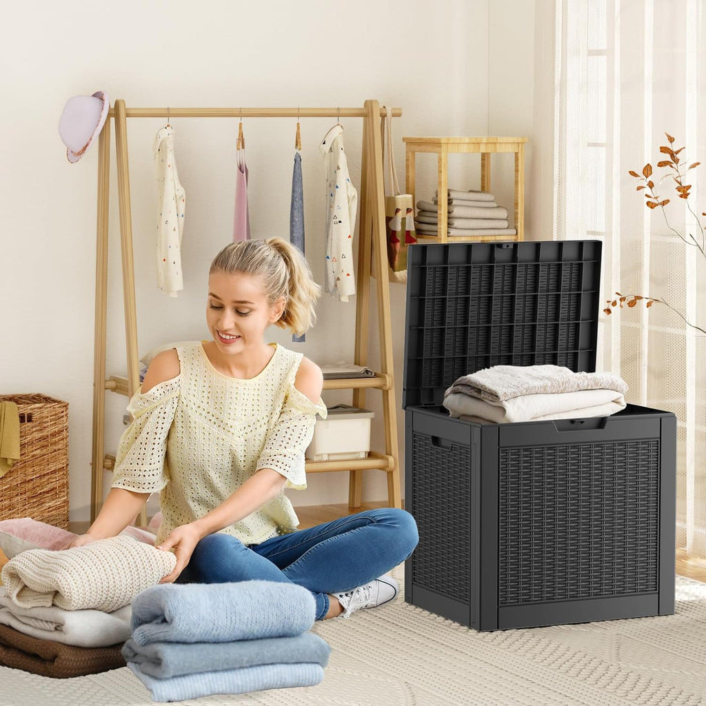 80 Gallon Resin Deck Box, Lockable Patio Outdoor Storage Box for Furniture, Garden Tools and Tools Storage, Waterproof Outside Storage Box - Black