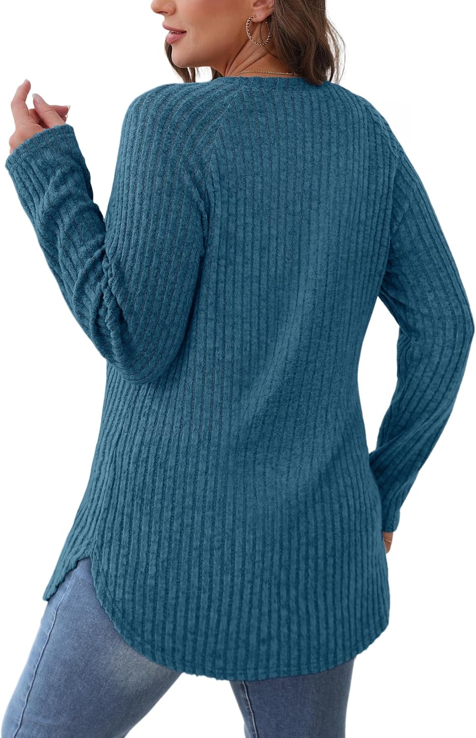 Saloogoe Long Sleeve Shirts for Women 2025 Fall Clothes Tunic Tops Loose Fit Dressy Crewneck Pullover Sweaters Curved Hem