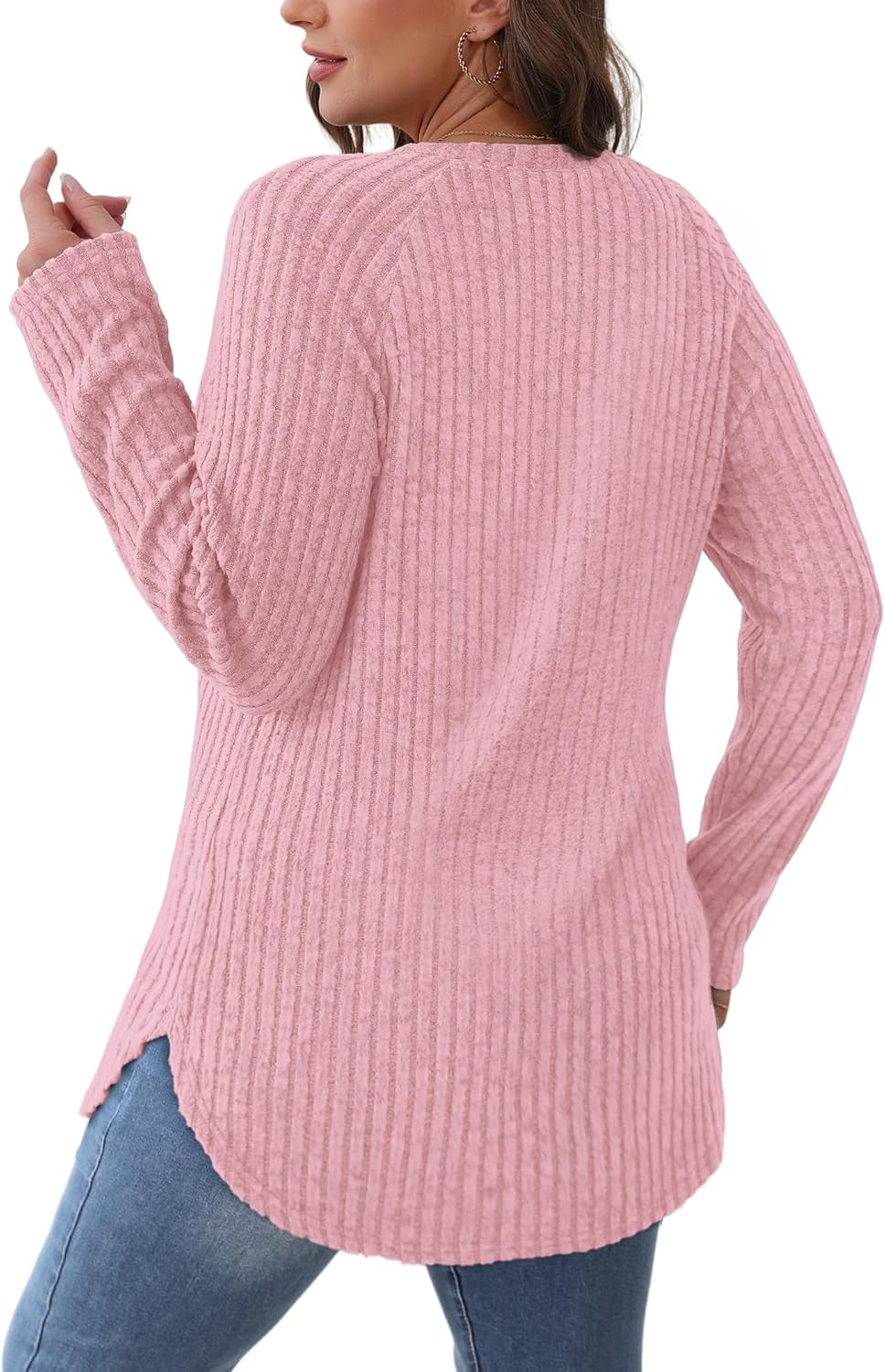 Saloogoe Long Sleeve Shirts for Women 2025 Fall Clothes Tunic Tops Loose Fit Dressy Crewneck Pullover Sweaters Curved Hem