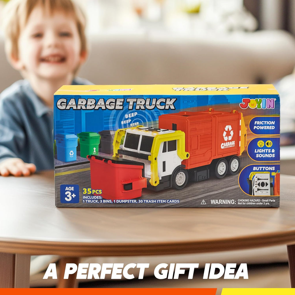 JOYIN Large Friction Powered Garbage Truck Toy Set, Includes Dumpster, Trash Bins, and Learning Cards for Kids, Boy Toys Birthday Gift for Boys Girls Kids Toddler Gift for Christmas