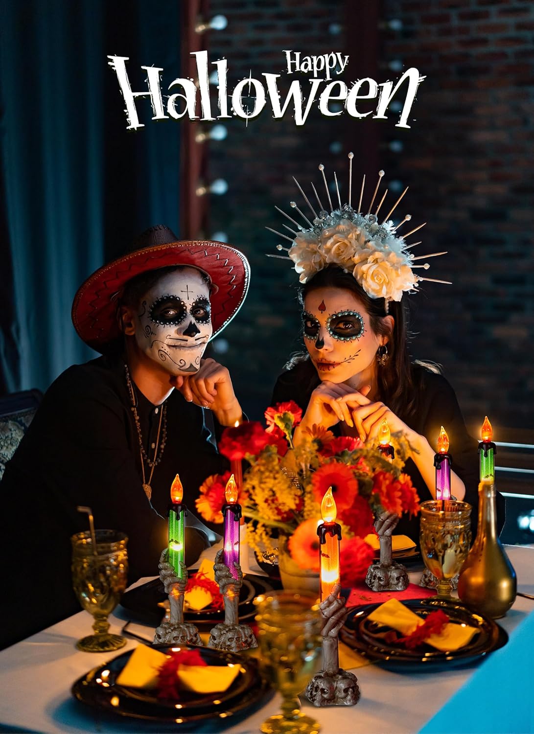 Halloween Decorations, 6 Pack Skeleton Hands Hold Lighted Candle Stakes, Waterproof Battery Operated Pathway Decor with Timer, Light Up for Tabletop Indoor Outdoor Party Lawn Yard Garden Warm White