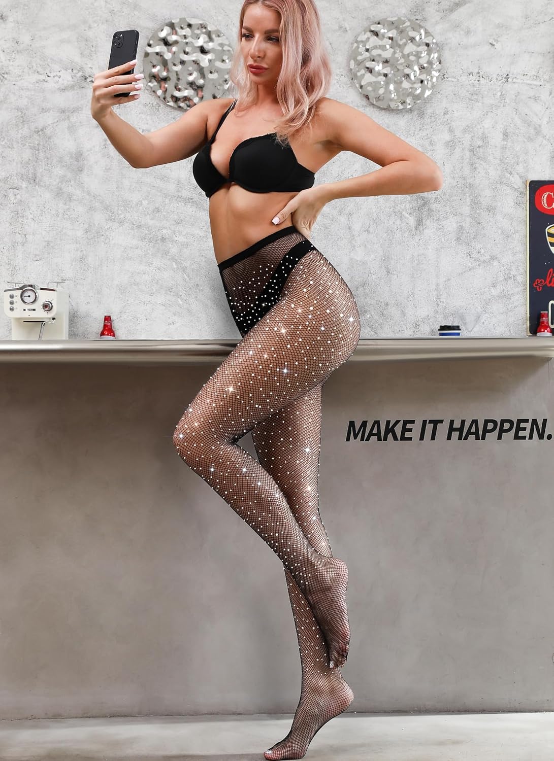 VEBZIN Sexy Sparkly Fishnets Stockings Jeweled High Waist Fishnet Tights for Women Rhinestone Party Pantyhose