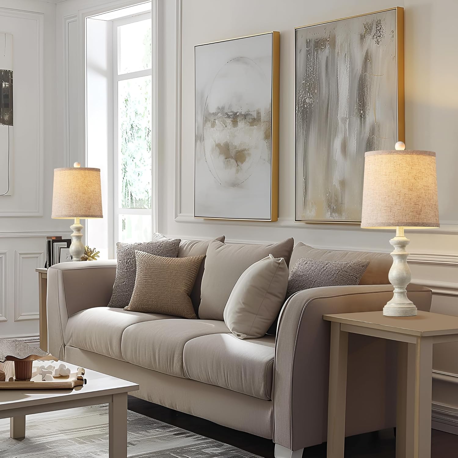 PARTPHONER Traditional Table Lamp Set of 2, Rustic Farmhouse Table Lamps for Living Room Bedroom, 22" Bedside Desk Lamps Vintage Nightstand Lamps with Linen Shades, Antique Grey