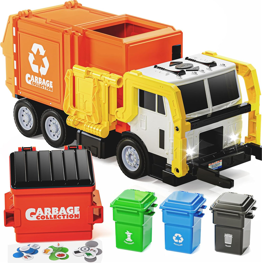 JOYIN Large Friction Powered Garbage Truck Toy Set, Includes Dumpster, Trash Bins, and Learning Cards for Kids, Boy Toys Birthday Gift for Boys Girls Kids Toddler Gift for Christmas
