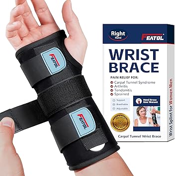 FEATOL Wrist Brace Hand Brace, Carpal Tunnel Wrist Splint Night Support for Women Men, Pain Relief Support -Tendonitis, Arthritis, Sprain, Right Hand, Medium/Large