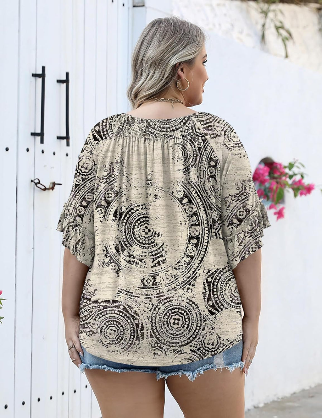 Micoson Womens Plus Size Tops 3/4 Ruffle Sleeve Shirts Crewneck Pleated Blouses Dressy Casual Fashion Tunic Top (1X-5X)