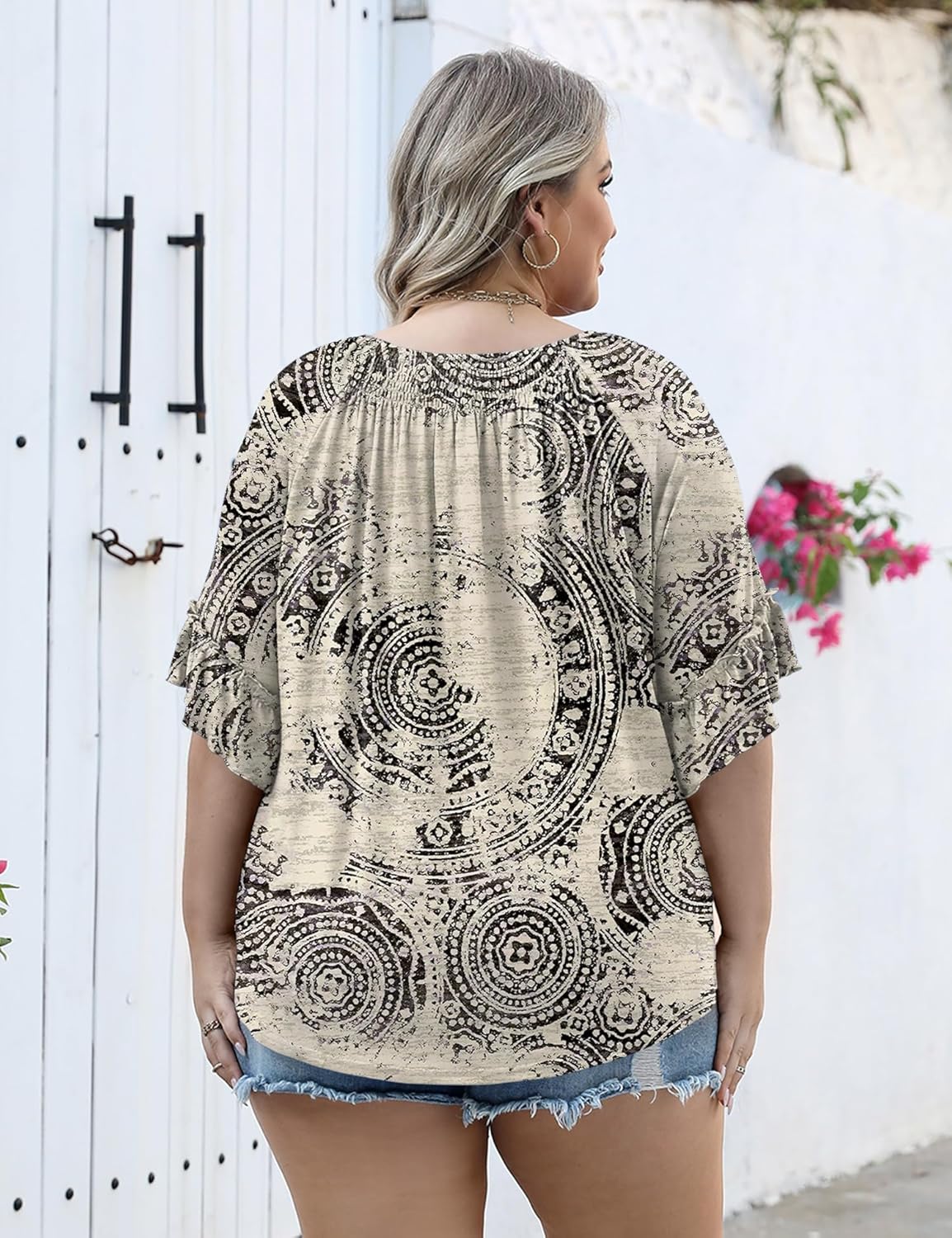 Micoson Womens Plus Size Tops 3/4 Ruffle Sleeve Shirts Crewneck Pleated Blouses Dressy Casual Fashion Tunic Top (1X-5X)