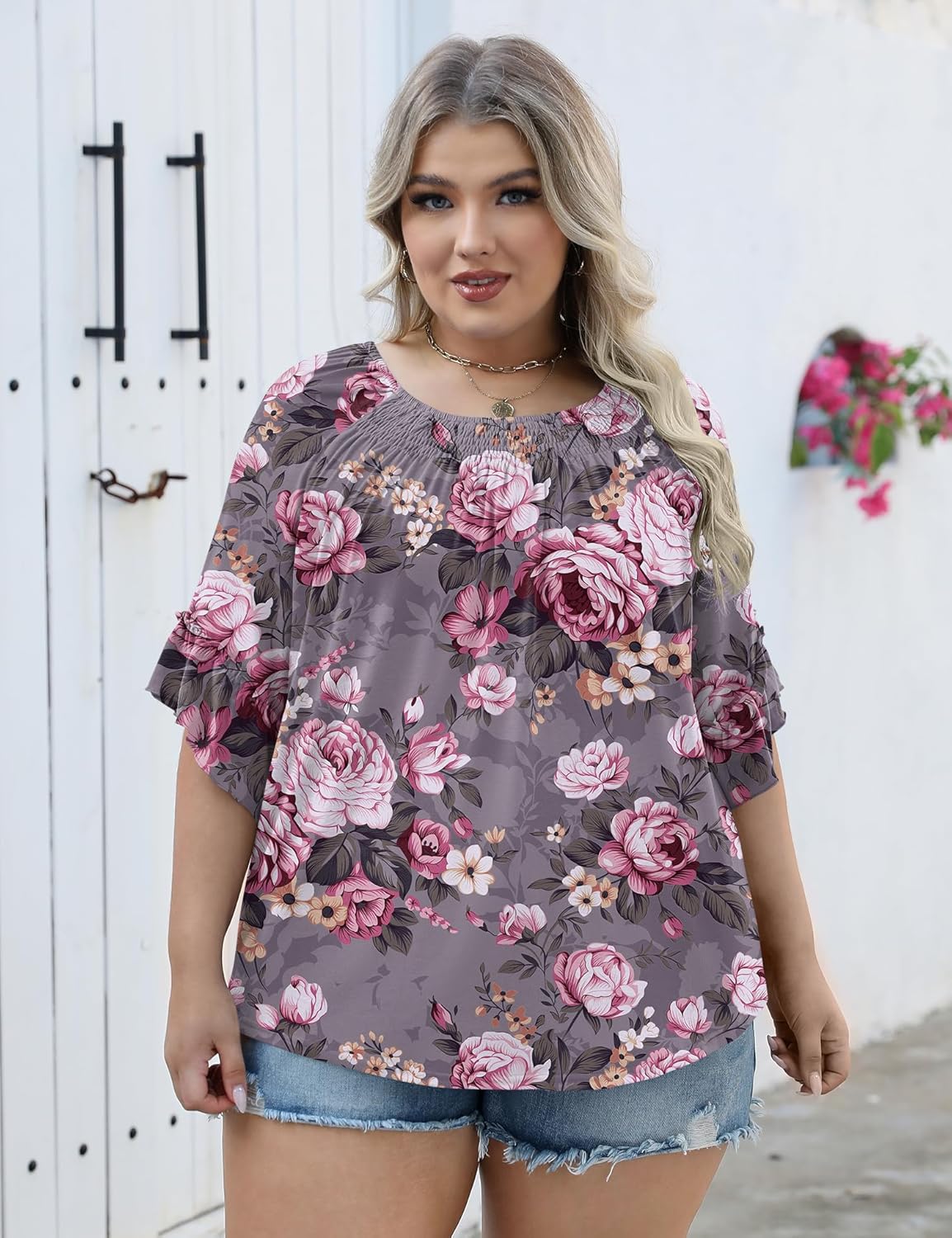 Micoson Womens Plus Size Tops 3/4 Ruffle Sleeve Shirts Crewneck Pleated Blouses Dressy Casual Fashion Tunic Top (1X-5X)