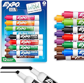 EXPO Dry Erase Markers, Low Odor Ink, Assorted Colors, Chisel Tip, 12 Count - Easily Erases, Vibrant Ink, Ideal for Classroom, Back to School Supplies, Teachers, Office, Whiteboard & Home