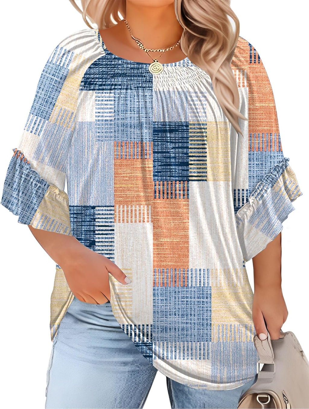 Micoson Womens Plus Size Tops 3/4 Ruffle Sleeve Shirts Crewneck Pleated Blouses Dressy Casual Fashion Tunic Top (1X-5X)