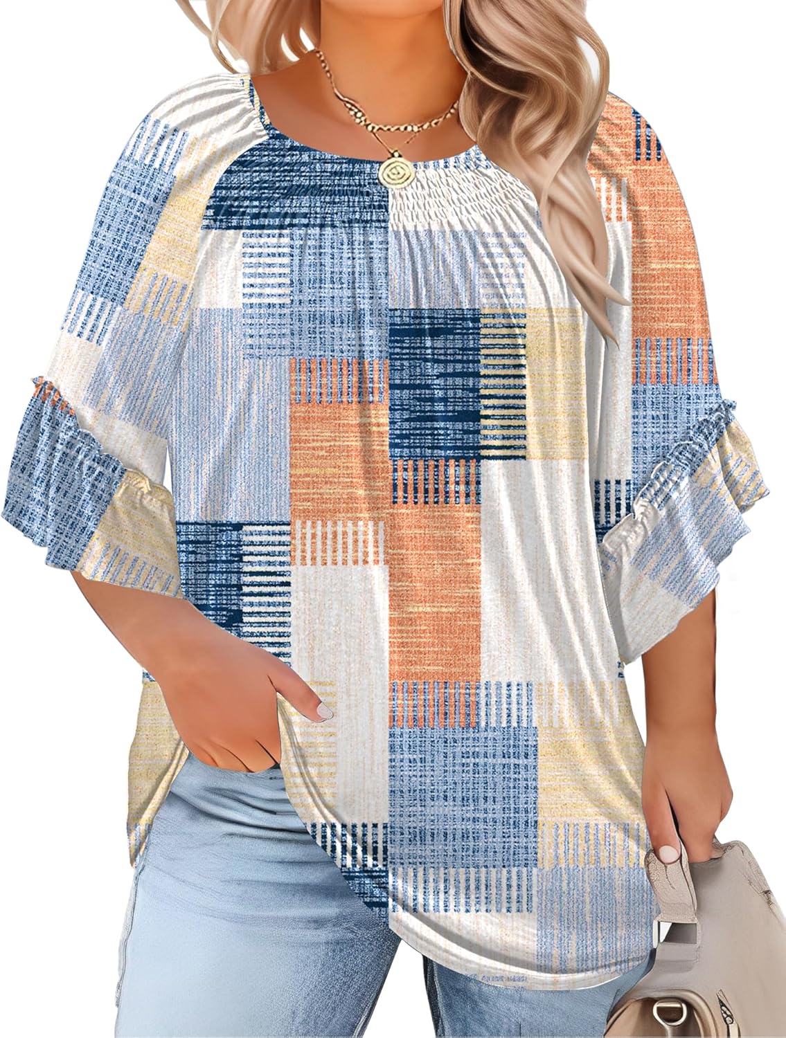 Micoson Womens Plus Size Tops 3/4 Ruffle Sleeve Shirts Crewneck Pleated Blouses Dressy Casual Fashion Tunic Top (1X-5X)