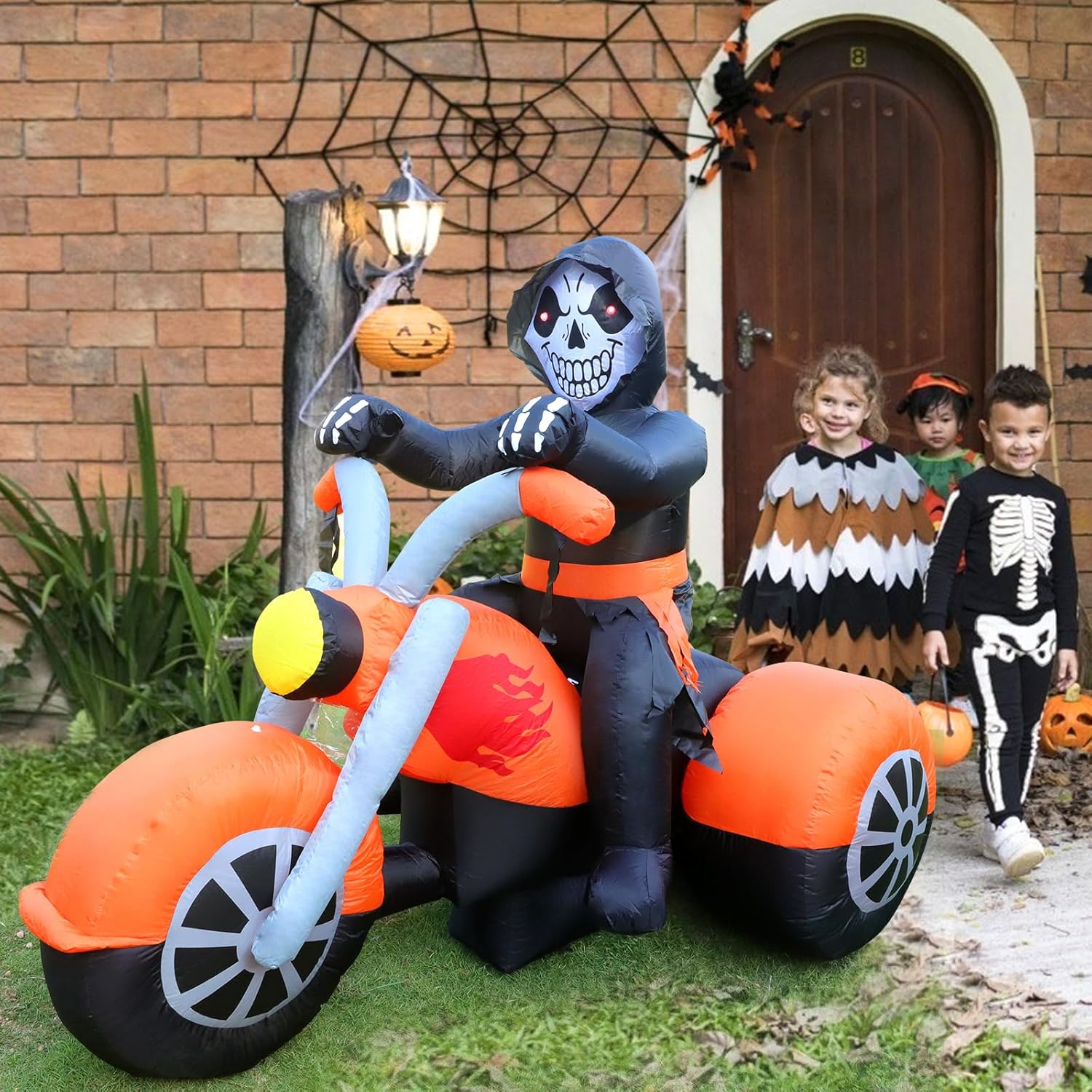 8FT Halloween Inflatables Spider Outdoor Decorations for Yard, Giant Blow up Green Spider with Rotating Fire Flame Light, Large Spooky Spider Props for Halloween Party Garden Lawn House Holiday Decor