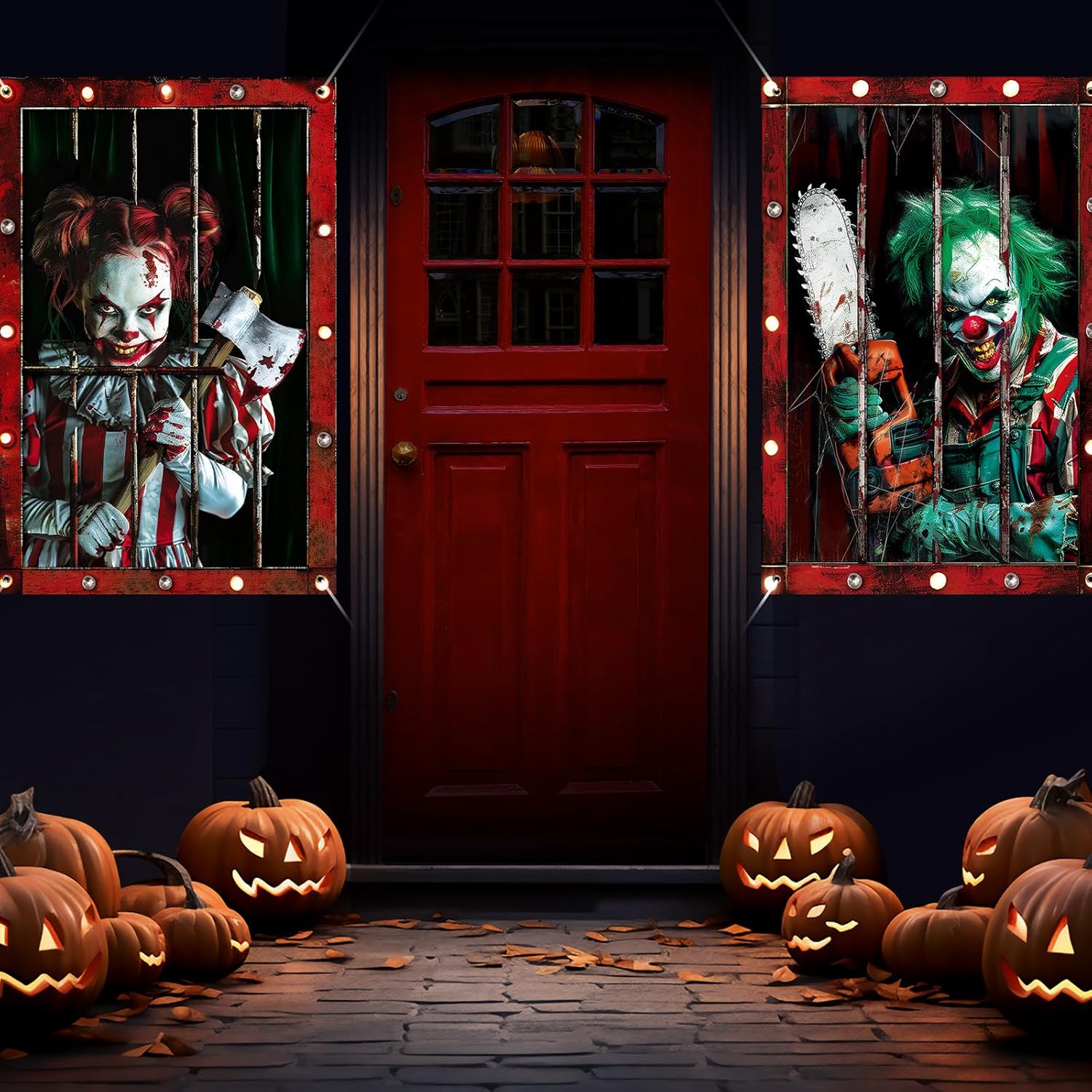 2 Pcs Halloween Clown Scary Curtain Halloween Window Silhouette Decoration Blood Ghost Window Cover Horror Theme Window Poster for Indoor Outdoor Party Wall Garage Door Decor