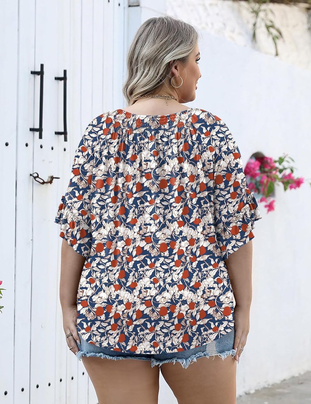 Micoson Womens Plus Size Tops 3/4 Ruffle Sleeve Shirts Crewneck Pleated Blouses Dressy Casual Fashion Tunic Top (1X-5X)