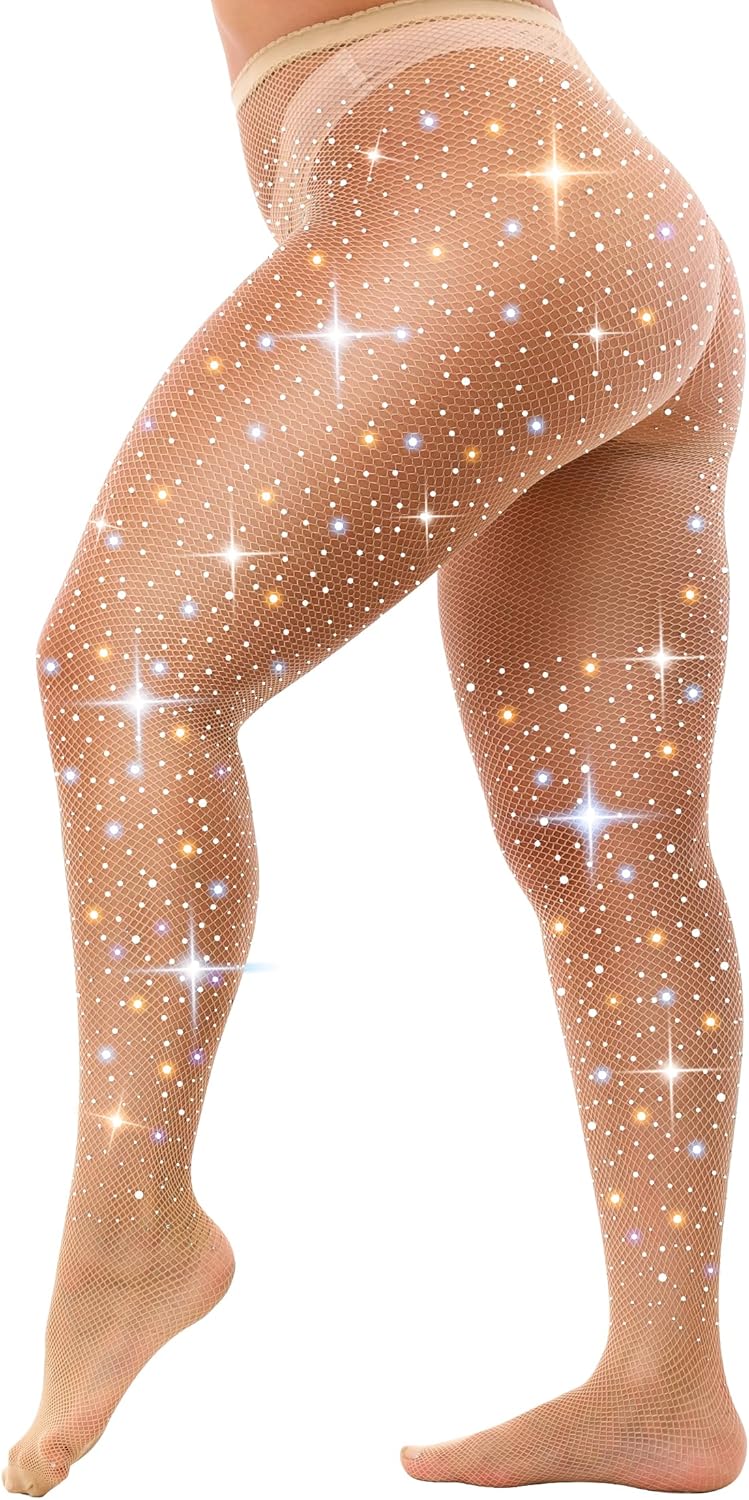VEBZIN Sexy Sparkly Fishnets Stockings Jeweled High Waist Fishnet Tights for Women Rhinestone Party Pantyhose