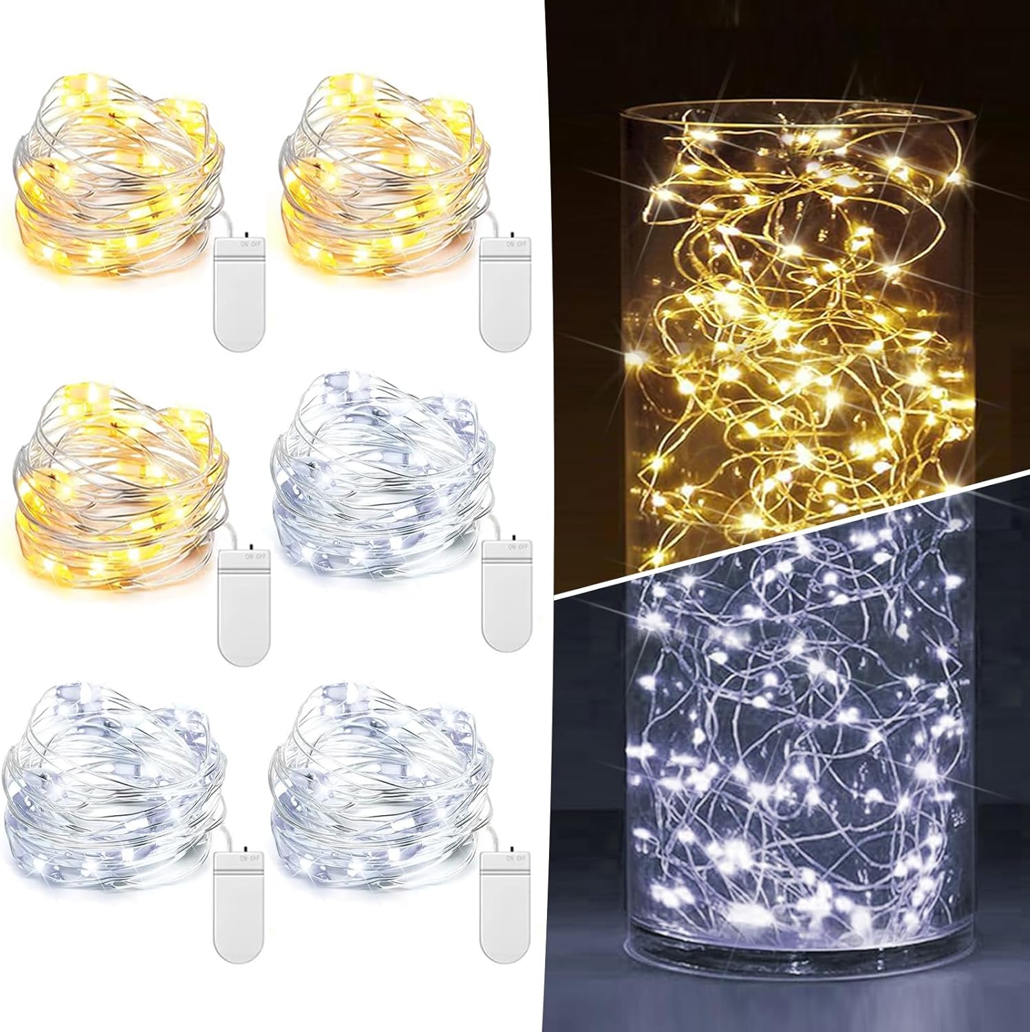 6 Pack Fairy Lights Battery Operated 7ft 20 LED Mini String Lights Twinkle Lights Silver Wire Firefly Starry Moon Lights for Mason Jars Wedding Party Christmas Centerpiece Table Decorations,Warm White