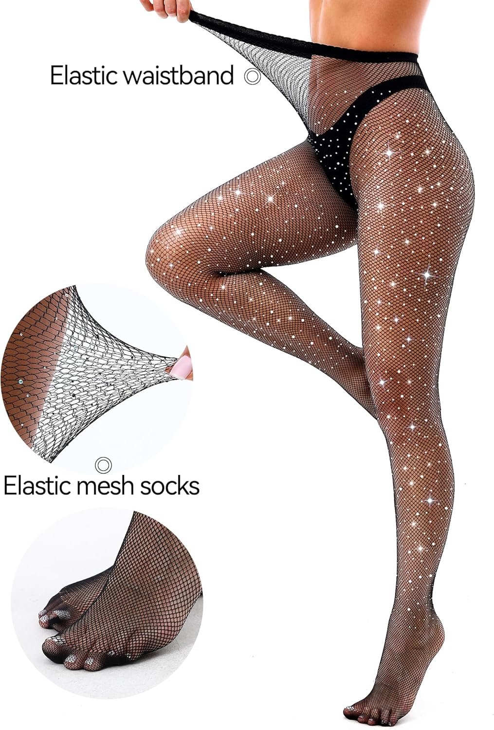 VEBZIN Sexy Sparkly Fishnets Stockings Jeweled High Waist Fishnet Tights for Women Rhinestone Party Pantyhose