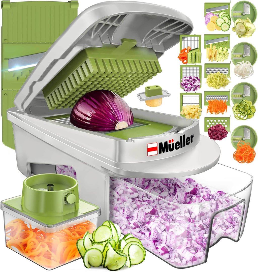 Mueller Pro-Series All-in-One, 12 Blade Mandoline Slicer for Kitchen, Food Chopper, Vegetable Slicer and Spiralizer, Cutter, Dicer, Grater, Kitchen Gadgets Sets with Container, White Sand/Gray