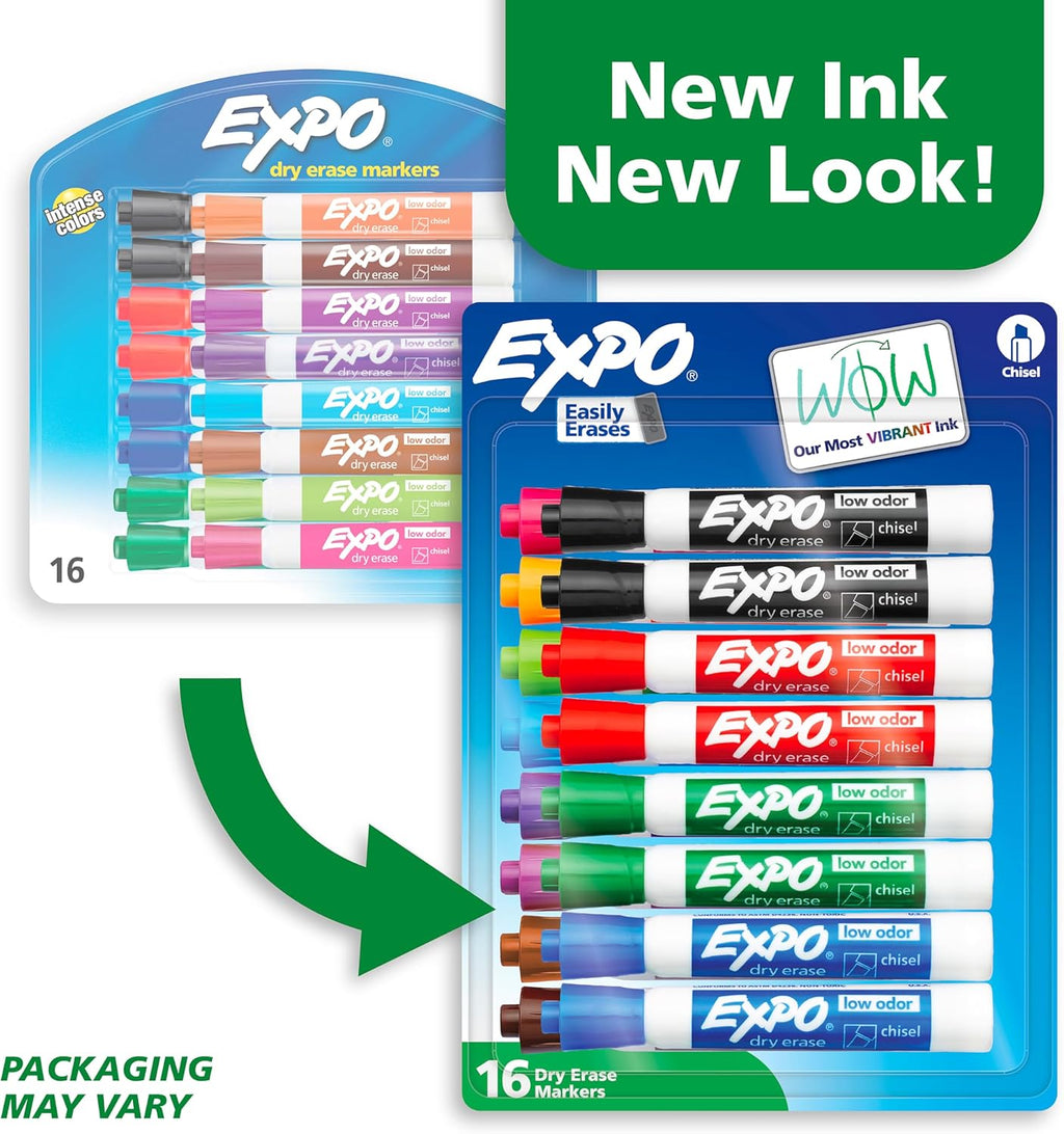 EXPO Dry Erase Markers, Low Odor Ink, Assorted Colors, Chisel Tip, 12 Count - Easily Erases, Vibrant Ink, Ideal for Classroom, Back to School Supplies, Teachers, Office, Whiteboard & Home
