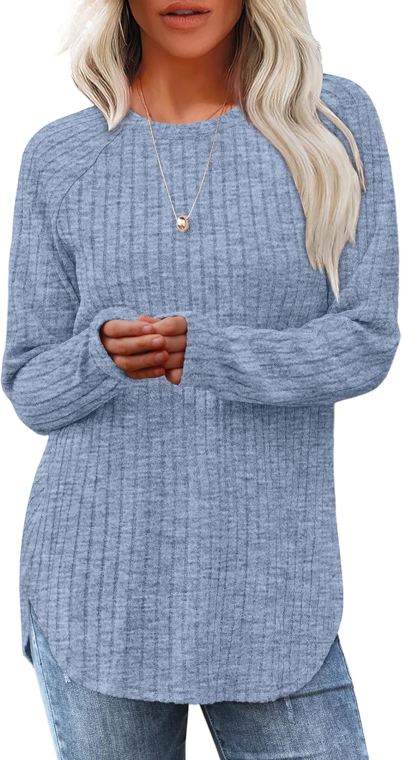 Saloogoe Long Sleeve Shirts for Women 2025 Fall Clothes Tunic Tops Loose Fit Dressy Crewneck Pullover Sweaters Curved Hem