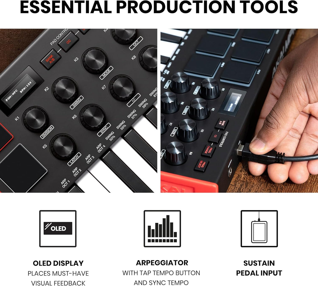 Akai Professional MPK Mini MK3 - 25 Key USB MIDI Keyboard Controller With 8 Backlit Drum Pads, 8 Knobs, Music Production Software and Native Instruments Sound Package (NKS Integration)